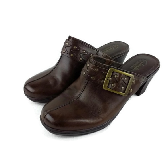 Clarks Bendables Brown Leather Clogs Buckle Size 7 - Picture 2 of 7